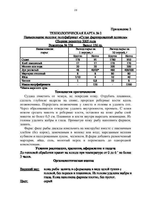 Судак фаршированный технологическая карта