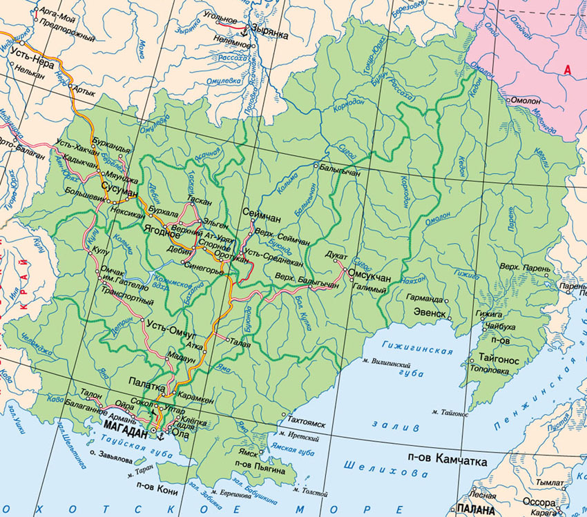 Карта магаданской области с населенными пунктами и дорогами и реками