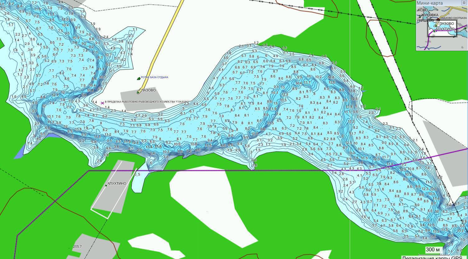 Карта глубин Рузского водохранилища Курово