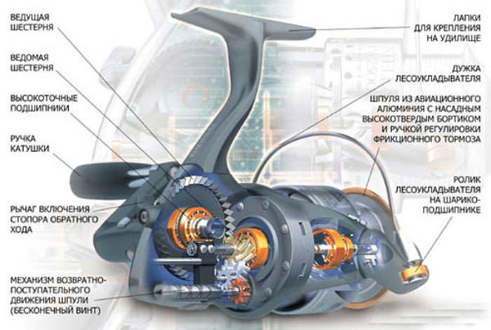 Схема рыболовной катушки в разборе