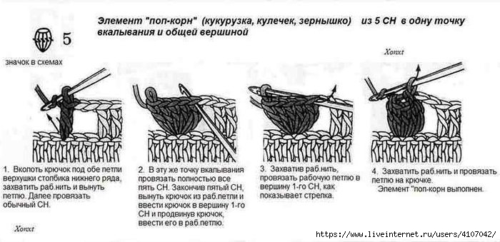 Попкорн крючком по кругу схема